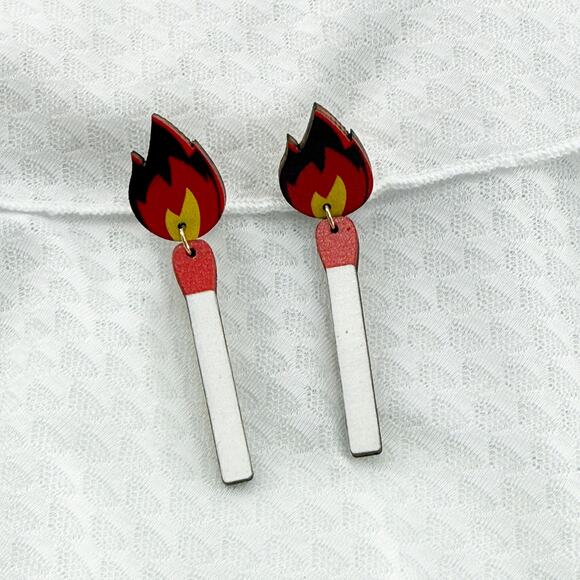 Flame Earrings: Lit Matchstick Dangle Earrings - Wooden - Picture 1 of 4